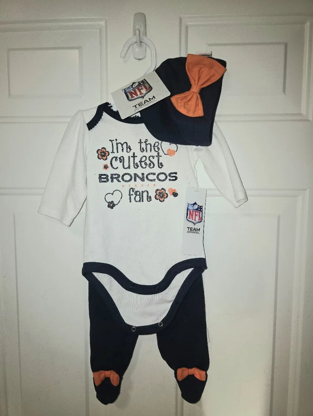 NFL Bronco Team Apparel: New Baby Girl 3 Piece Set (top, pants & hat)